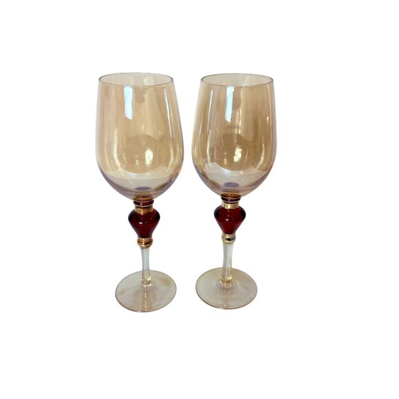 Pier 1 Amber Wine Glasses Set of 2 VTG Elegant Holiday Goblets Bar Cart Decor - Picture 14 of 16